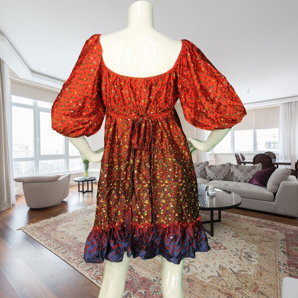 Y2K Vintage Betsey Johnson Floral Tier Print Puff Sleeve Silk Mini Dress S